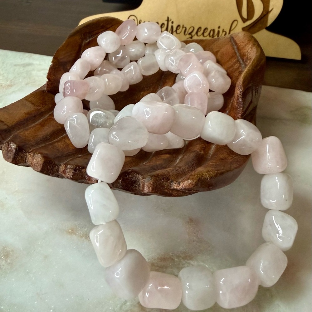 Pale Pink Rose Quartz Stone of Universal Love Pebble Bead Bracelet